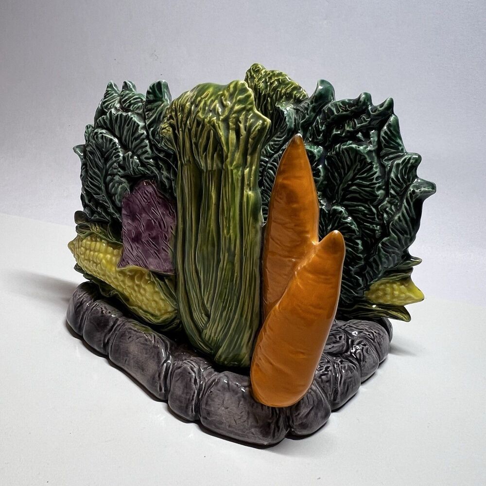Vintage Ceramic Vegetable Napkin Holder Signed Le Ann Cabbage Corn Carrot 3D